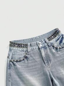 ROMWE Avant Quần jeans nữ ống loe cạp thấp dáng rộng, thiết kế đinh tán cổ điển, rách rưới. - Màu xanh nhạt - Xem 3