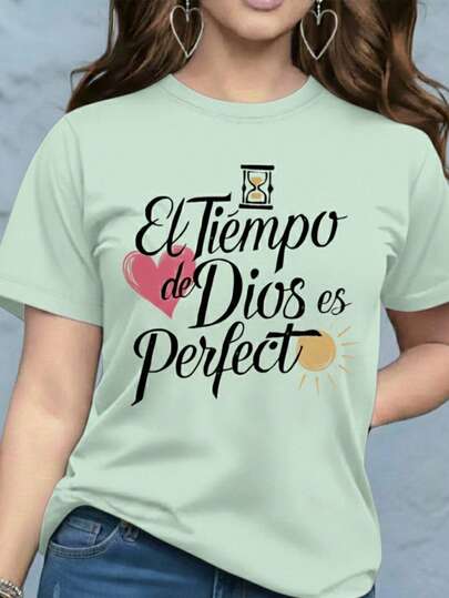 Playera camiseta blusa gráfica dama mujer estampada casual estampado love amor parejas corazon febrero corte regular material suave cuello redondo manga corta diario día noche calle casa cómoda fresca ligera moderna juvenil urbana aesthetic primavera verano playa calor y2k femenina frase religiosa tiempo de dios es perfecto letras cristiana corazón