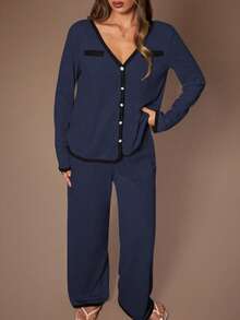Lazeform Bộ đồ ngủ nữ kiểu Mỹ gồm áo khoác cardigan cổ chữ V tay dài và quần ống rộng phối màu tương phản. - Màu xanh hải quân - Xem 5