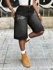 Slaydiva Women's Casual Letter Rhinestone Denim Shorts, Summer - Black - View 4