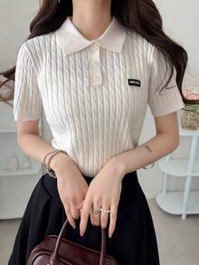 FRIFUL Women's Casual Basic Braided Knit Short Sleeve Top, Versatile For Daily Wear Summer Back-To-School Golf White - Beige - View 3