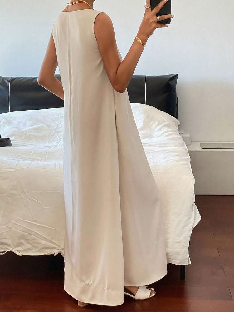 Solid Color Loose V-Neck Sleeveless Dress, Casual Summer Holiday Dress For Women Sundress