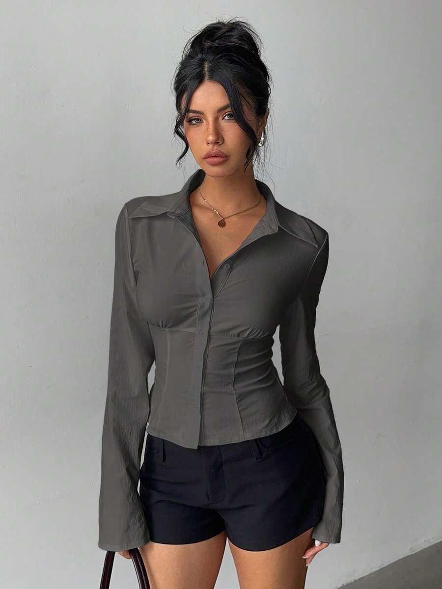 Aloruh Women's Elegant Spring/Summer Commute & Daily Wear Simple Solid White Short Sleeve Ruched Waist Long Sleeve Blouse - Grey - View 1