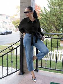 Melissa Matos 优雅法式领长袖系带开衫衬衫，白色，女款 - 黑色 - 查看 1