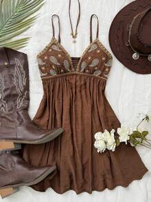 Elamini Đầm ngắn nữ màu nâu dáng chữ A, dây mảnh, cổ chữ V, hở lưng, xếp ly, in họa tiết, thích hợp cho các buổi tiệc tùng, phong cách hippie, hoặc kỳ nghỉ biển. - màu nâu - Xem 3