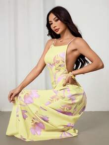 SHEIN PETITE Đầm nữ màu trơn, kiểu dáng thường ngày, dây mảnh, lưng hở, in hoa, dáng rộng, thích hợp cho kỳ nghỉ ở Hawaii, màu vàng bơ, đầm hè cho nữ, phong cách Boho. - Màu vàng - Xem 10