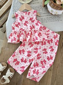 LMoss Kids Bộ đồ 2 món LMoss cho bé gái, gồm áo cổ tròn kẻ sọc trang trí nơ và quần legging, bộ đồ hai mảnh cho bé gái mùa hè, bộ đồ 2 mảnh màu hồng in hình nơ. - Nhiều màu - Xem 2
