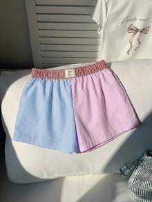 Comfortcana Women's Multicolor Striped Print Letter Patchwork Detail Shorts, Summer - Multicolor - View 6