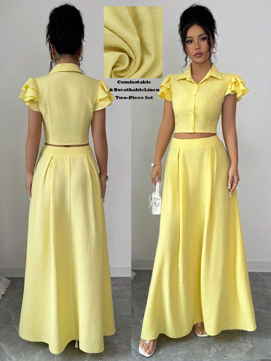 SHEIN Elenzya 优雅浪漫度假风及职业女性衬衫+中长裙两件套 - 黃色 - 查看 1