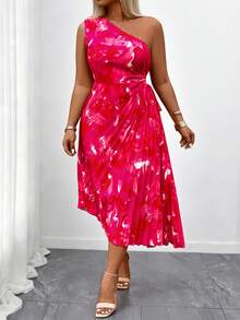 Breezaya Women's Elegant Oblique Shoulder Ombre Pleated RedOne Shoulder Summer Dress - Hot Pink - View 6