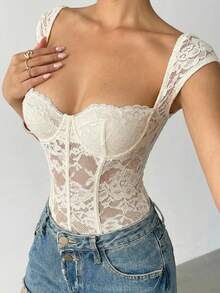 Aloruh 女士性感蕾丝心形领透视连体衣，夏季 - 杏色 - 查看 7