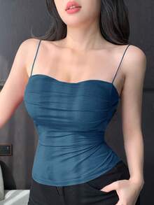 DAZY Women's Fitted Camisole Top With Built-In Padded Bust And Ruched Design, Suitable For Summer Wear - Teal Blue - View 4