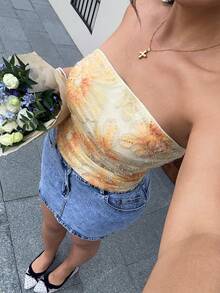 GalTyme 大码女式亮片花卉褶皱抹胸上衣 - 橘色 - 查看 4