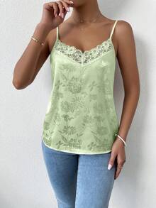 RosyDaze Floral Jacquard Contrast Lace Satin Cami Top Graphic Tees Women Tops - Green - View 5