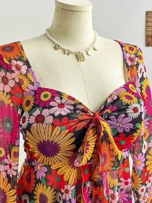 Soleia 大码女式休闲度假、毕业典礼、婚礼、复活节派对午餐 - 宽松领口、抹胸设计、系带前襟、喇叭袖修身衬衫，秋冬款 - 彩色 - 查看 4