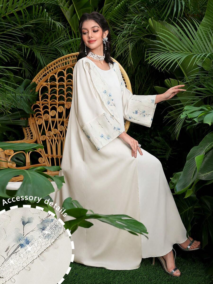 Al Najma 春夏时尚雪纺镂空花卉印花拼接亮片饰边优雅长袍
