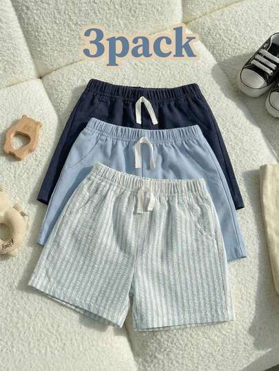 SHEIN Playful Pals 3 Pack Toddler Boy Baby Boy Clothes Casual Style Solid And Striped Pattern Straight Leg Elastic Waist Soft Shorts Pants Trousers Sweatpants Bottoms Jorts Outfit Set For Vacation Beach Summer Outdoor Spring