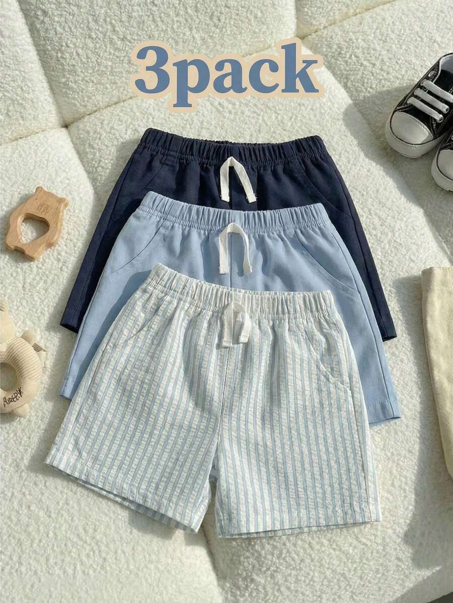 SHEIN Playful Pals 3 Pack Toddler Boy Baby Boy Clothes Casual Style Solid And Striped Pattern Straight Leg Elastic Waist Soft Shorts Pants Trousers Sweatpants Bottoms Jorts Outfit Set For Vacation Beach Summer Outdoor Spring - Blue - View 1