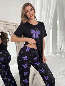 Bow Print Short Sleeve Pajama Set - Multicolor - View 6