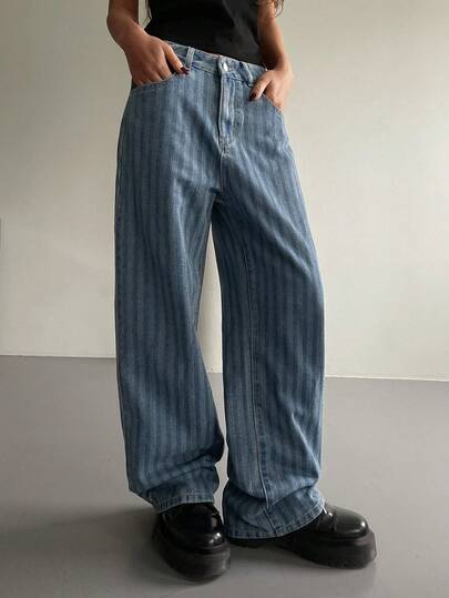 DAZY Quần jeans nữ dáng suông kẻ sọc, eo thường, kiểu dáng thường ngày.