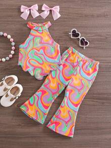 SHEIN 2pcs Baby Girl Knitted Sleeveless Vest And Flared Pants Set - Multicolor - View 1