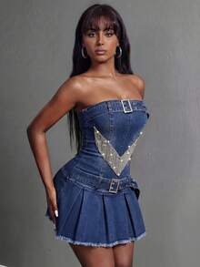 Slaydiva Women's Chain-Detail Outdoor Festival Vintage Wash Summer Tube Denim Dress - Blue - View 4
