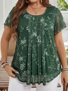 EMERY ROSE 大码女式夏季休闲度假短袖印花束腰上衣，夏季假期、春假、外出度假，2026新款，简约时尚，适合日常穿着，绿色夏季上衣，夏季衬衫，深绿色上衣 - 綠色 - 查看 3