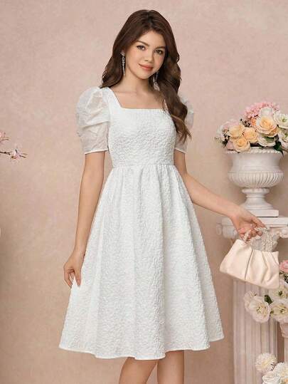 SHEIN Teen Girl's White Elegant Square Neck Gigot Sleeve Princess Dress With Ruffle Hem, Suitable For Weddings, Parties, Birthdays, Gatherings