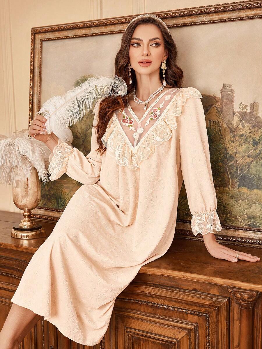 PalaceNights Vintage Palace Style V-Neck Floral Embroidery And Lace Trim Long Sleeve Nightgown Lace Nightgown Vintage Nightgown Embroidered Nightgown Lace Sleepwear Vintage Night Gown Women - Apricot - View 1
