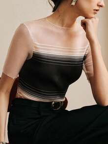 Revavyn Revavyn Blusa de punto casual de mujer con cuello redondo y manga corta, con diseño de patchwork, versátil para uso diario, Día de San Valentín, vacaciones y verano sexy - Negro - Ver 6