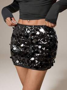 SHEIN PETITE Fustă mini mulată cu paiete, culoare uni, elegantă, pentru femei - Negru - Vizualizare 4