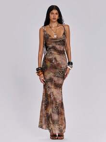 ROMWE Y2K性感露背深V领吊带鱼尾长裙，度假必备 - 彩色 - 查看 7