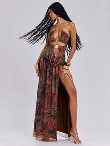 ROMWE Spring/Summer Y2K Sexy Beach Metal Chain Shell Floral Print High Slit Maxi Dress, Country - Brown - View 1