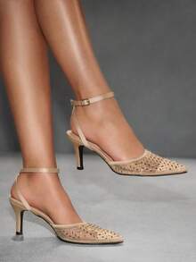 CUCCOO SZL Apricot Rhinestone Pointed Toe Stiletto Heel Fashionable Sexy Elegant Mule Pumps For Women, Spring/Autumn - Apricot - View 10