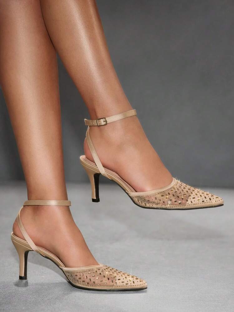 CUCCOO SZL Apricot Rhinestone Pointed Toe Stiletto Heel Fashionable Sexy Elegant Mule Pumps For Women, Spring/Autumn Spring Shoes