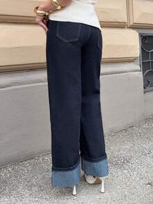 Jeta Ari Women's Vintage Washed Blue Straight Leg 7/8 Jeans, Cuffed Hem, Casual And Business Versatile Loose Fit Denim Pants, Autumn - Dark Wash - View 2