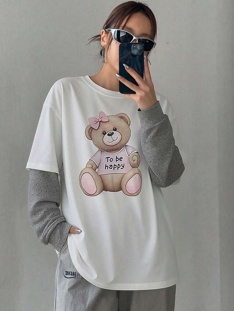 Women's Round Neck Loose Polka Dot Print 2 In 1 T-Shirt Graphic Tees Women