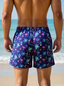 Manfinity Swimmode 男士彩色印花休闲沙滩短裤 - 藏蓝色 - 查看 2