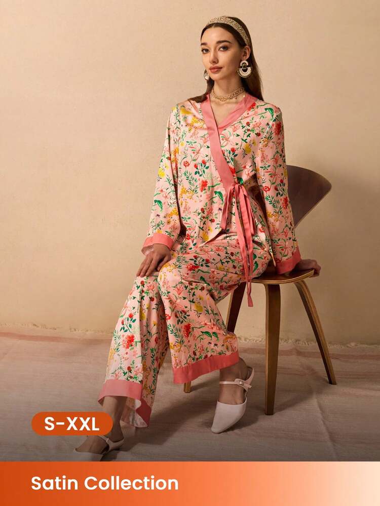 Women's Pink Floral Kimono Pajama Set