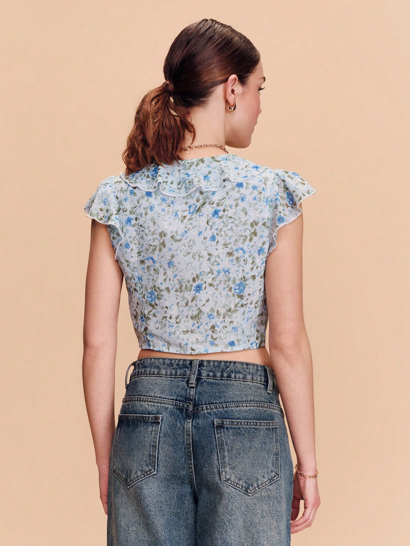 Blue Floral Print Vintage Chiffon Wrap Short Sleeve Blouse With Ruffle Collar Spring Summer French Style Parisian Style Vacation Top Business Casual