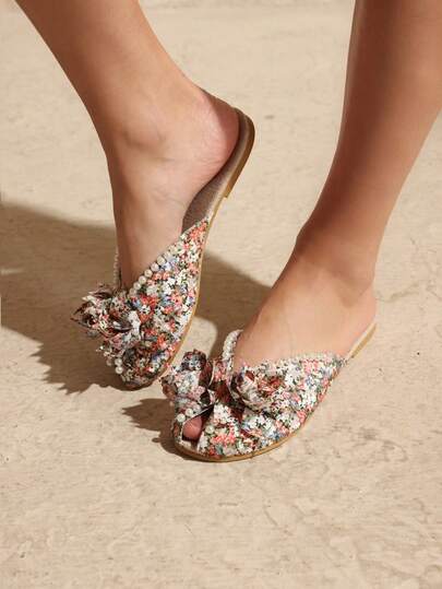 Swim Chiccia 1 双女士花卉印花仿珍珠装饰平底拖鞋，3D 花卉装饰轻便凉鞋，圆头夏季拖鞋，适合日常外出、节日派对和家居穿着