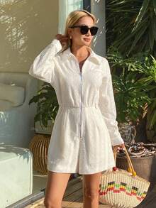 DAZY Women's Elegant Lace Patchwork Faux Pocket Zipper Collar Jumpsuit, Spring/Summer - Apricot - View 4