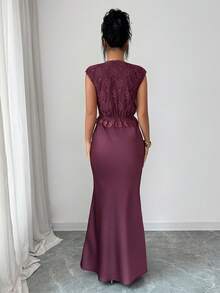 Elenzga 女士春夏法式浪漫西西里优雅休闲通勤度假下午茶婚礼派对纯色缎面绉纱蕾丝面料U领无袖修身鱼尾连衣裙 - 酒紅色 - 查看 2