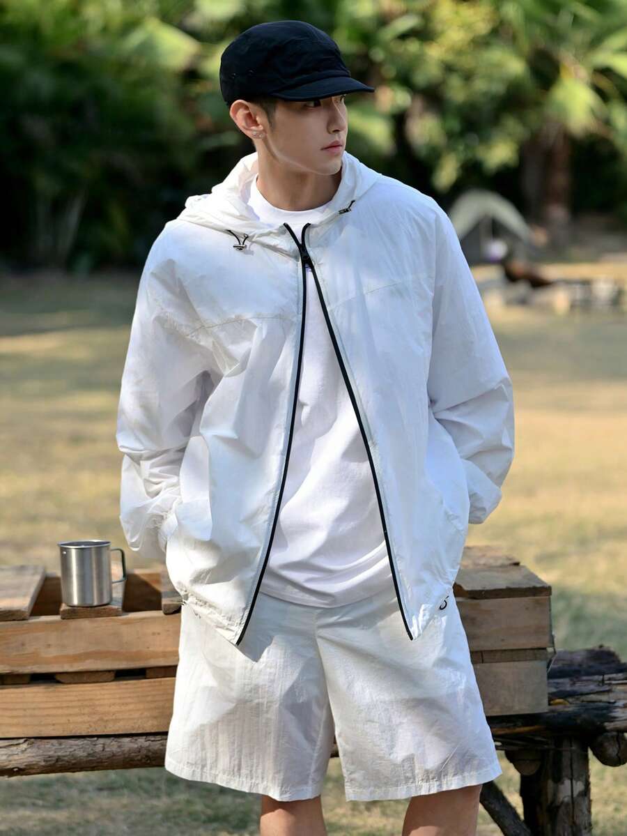 DAZY Men's Lightweight Long Sleeve Jacket And Shorts Set, Spring/Summer - White - View 1