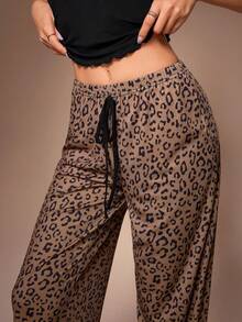 SHEIN Women's Casual Leopard Print Black And Brown Drawstring Pajama Set - Multicolor - View 6