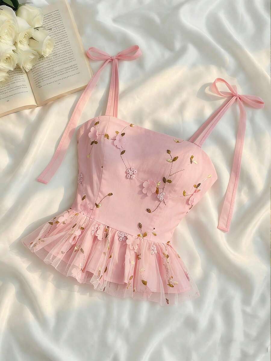 SHEIN MOD Áo kiểu lãng mạn in hoa màu hồng, thắt nơ, thích hợp cho ngày Valentine, kỷ niệm ngày cưới, hẹn hò, kiểu dễ thương, áo babydoll. - Hồng - Xem 1