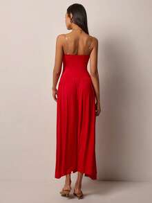 COSMINA Robe élégante froncée sans bretelles pour femmes, convient pour le printemps, les vacances, les rendez-vous, la Saint-Valentin, la plage - Rouge - Voir 2
