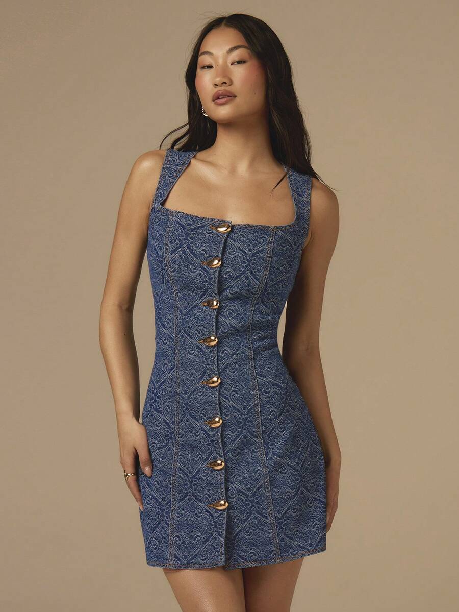 COSMINA Denim 女士优雅提花无袖方领收腰A字金属纽扣迷你牛仔连衣裙，早春 - 中等水洗藍 - 查看 1