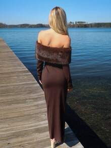 Sydney Algeri 女士毛绒露肩长袖修身优雅连衣裙 - 棕色 - 查看 2