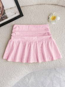 Tween Girls Knit Casual Vacation Versatile Hollow Textured Ruched A-Line Mini Skirt, Suitable For All Seasons - Baby Pink - View 1